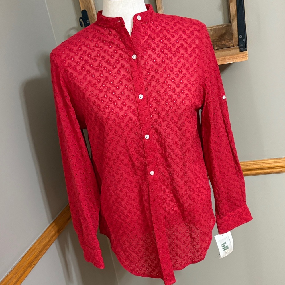 Ralph Lauren red cotton eyelet long sleeve button down blouse size medium